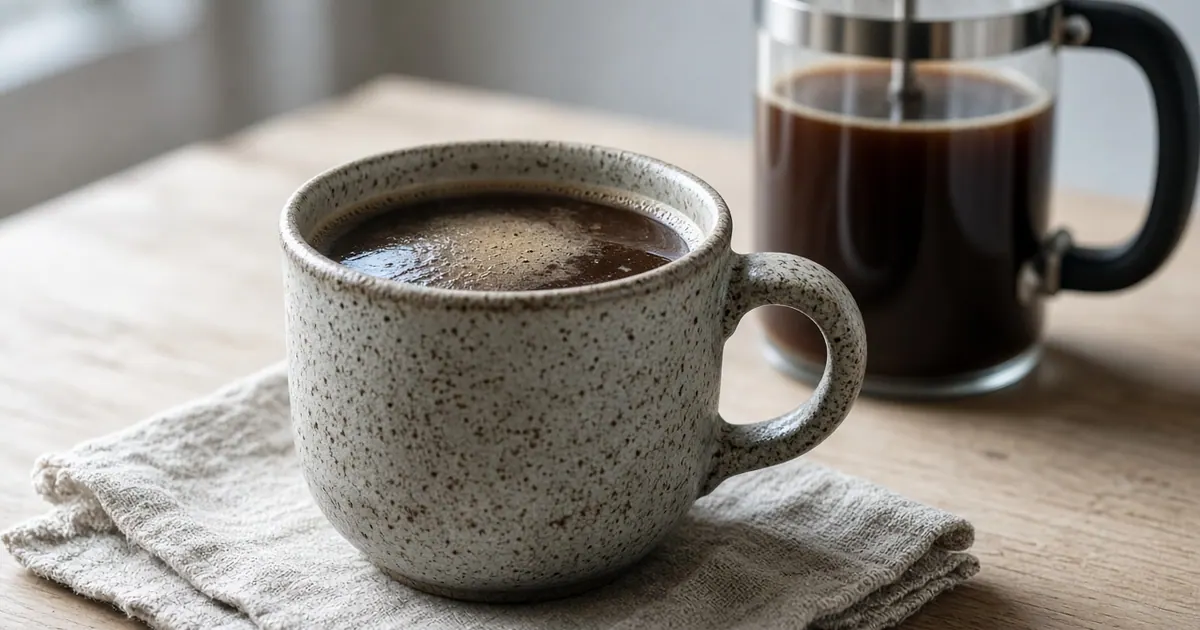فنجان قهوه پربافت فرنچ پرس با روغن طبیعی روی میز خانه